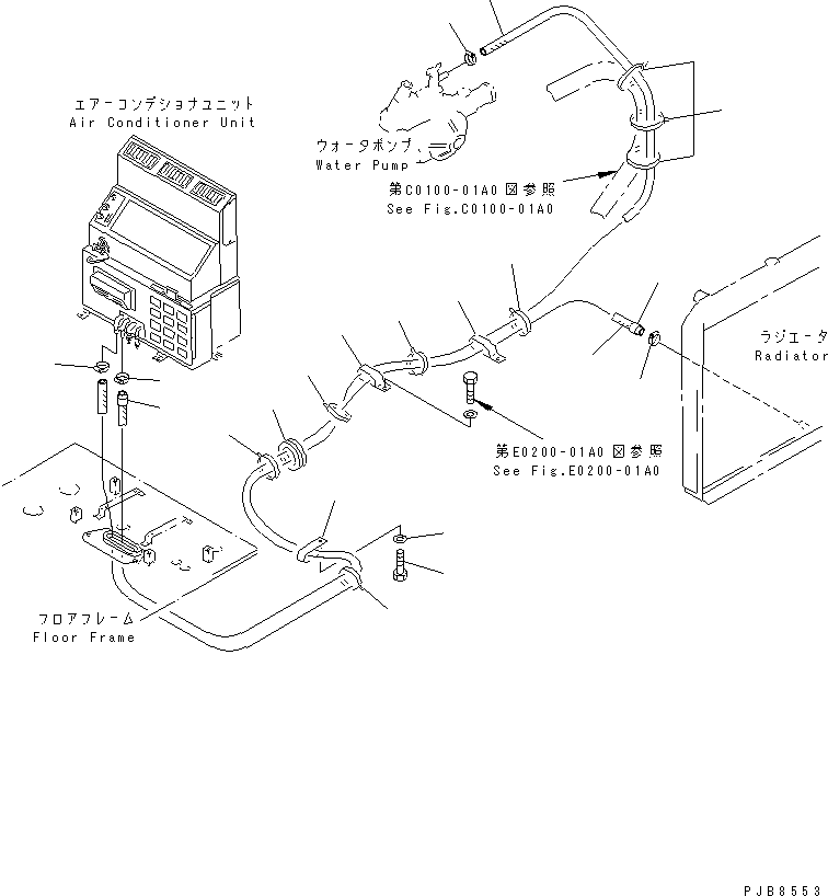 Komatsu parts book diagram for PC150-5 S/N 6001-UP: AIR CONDITIONER (HEATER PIPING)(#8023-)
