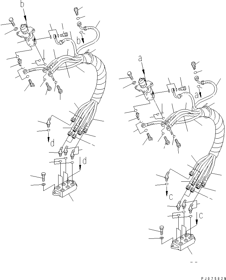 Komatsu parts book diagram for PC150-5 S/N 6001-UP: HYDRAULIC PIPING (P.P.C. VALVE TO/FROM BLOCK) (FOR WRIST CONTROL)(#6001-6437)