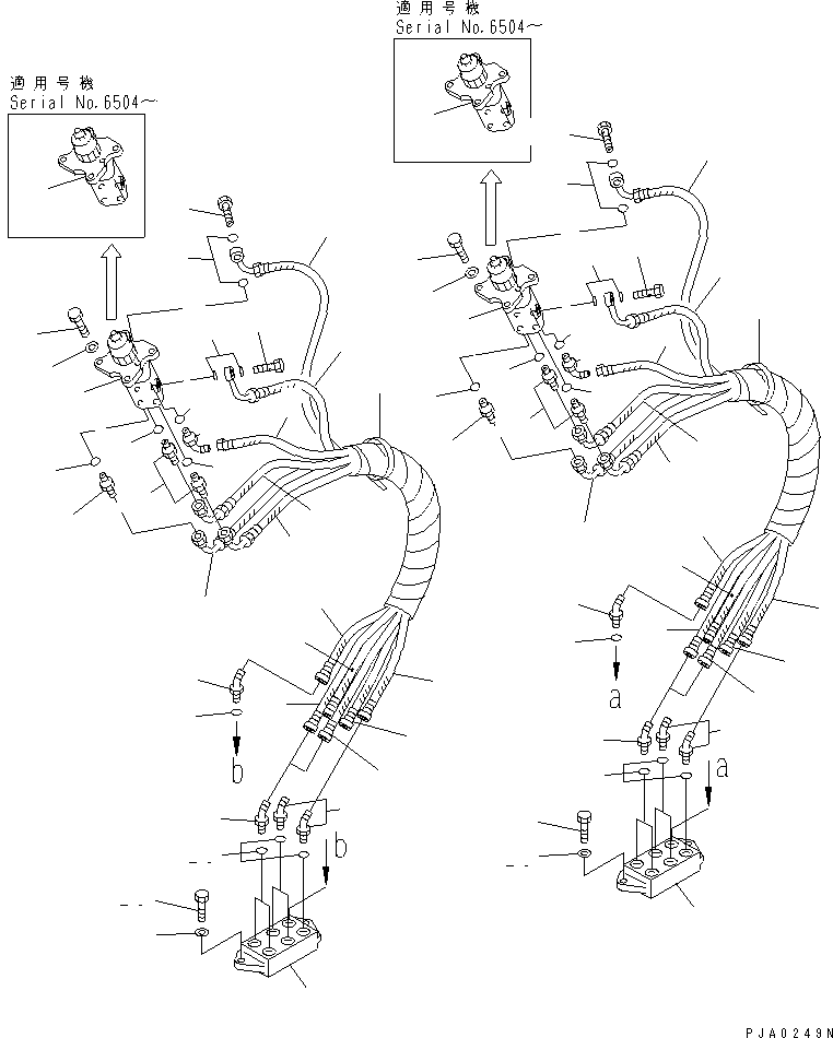 Komatsu parts book diagram for PC150-5 S/N 6001-UP: HYDRAULIC PIPING (P.P.C. VALVE TO/FROM BLOCK) (FOR WRIST CONTROL)(#6438-)