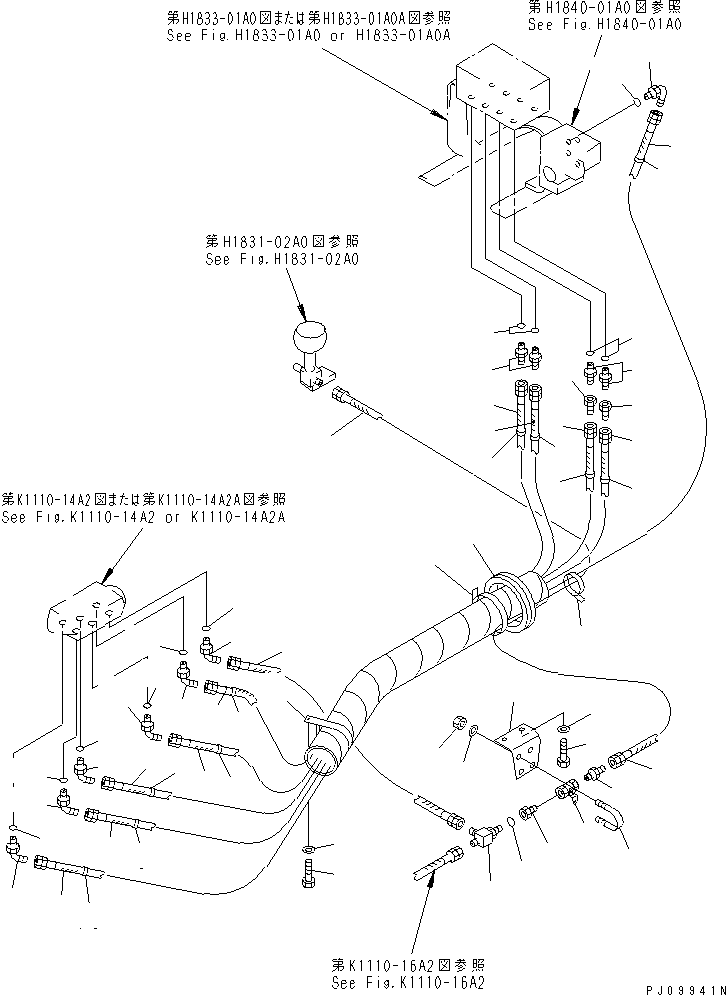 Komatsu parts book diagram for PC150-5 S/N 6001-UP: HYDRAULC PIPING (WORK EQUIPMENT CONTROL ? L.H.)                   (FOR WRIST CONTORL) (EXCEPT JAPAN)