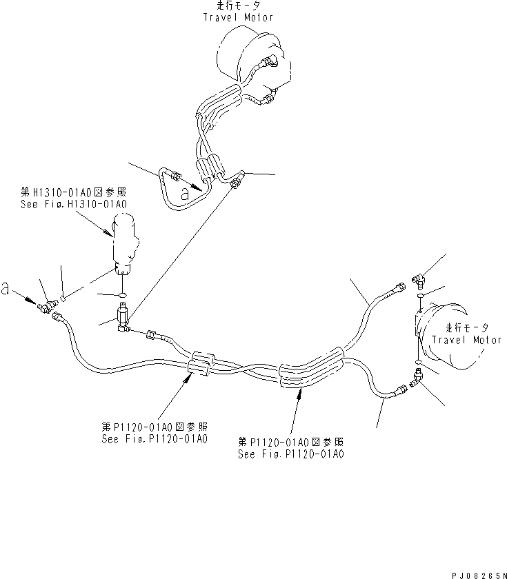 Komatsu parts book diagram for PC150-5 S/N 6001-UP: HYDRAULIC PIPING (TRAVEL MOTOR LINE) (LOWER 2/2)