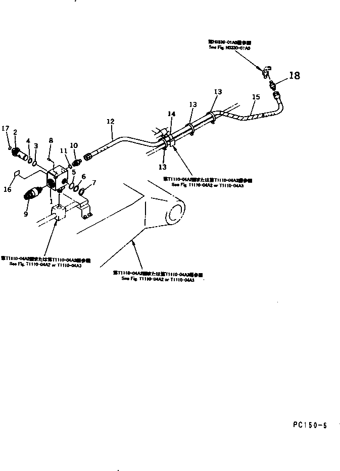 Komatsu parts book diagram for PC150-5 S/N 6001-UP: HYDRAULIC PIPING (CHANGE VALVE) (1 OR 2 ACTUATER ATTACHMENT)