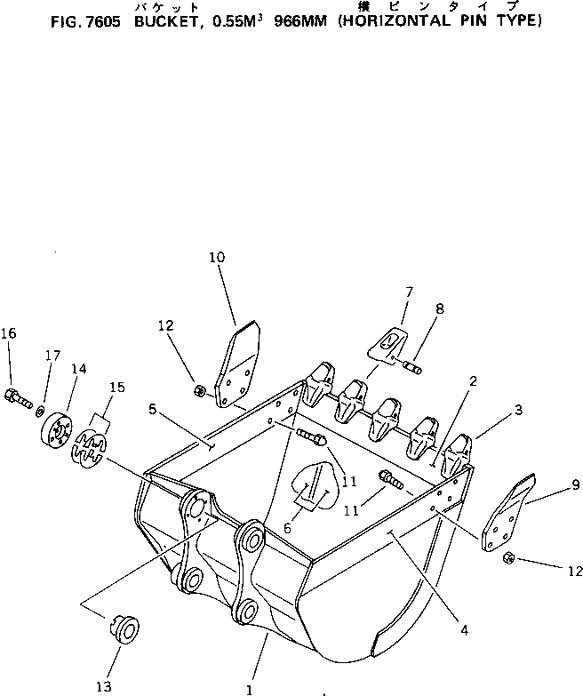 Komatsu parts book diagram for PC150-5 S/N 6001-UP: BUCKET ? 0.55M3 WIDTH 966MM (HORIZONTAL PIN TYPE)