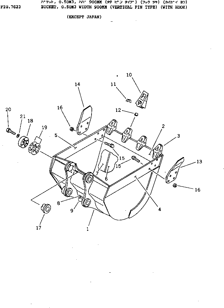 Komatsu parts book diagram for PC150-5 S/N 6001-UP: BUCKET ? 0.50M3 WIDTH 900MM (VERTICAL PIN TYPE) (WITH HOOK)       (EXCEPT JAPAN)