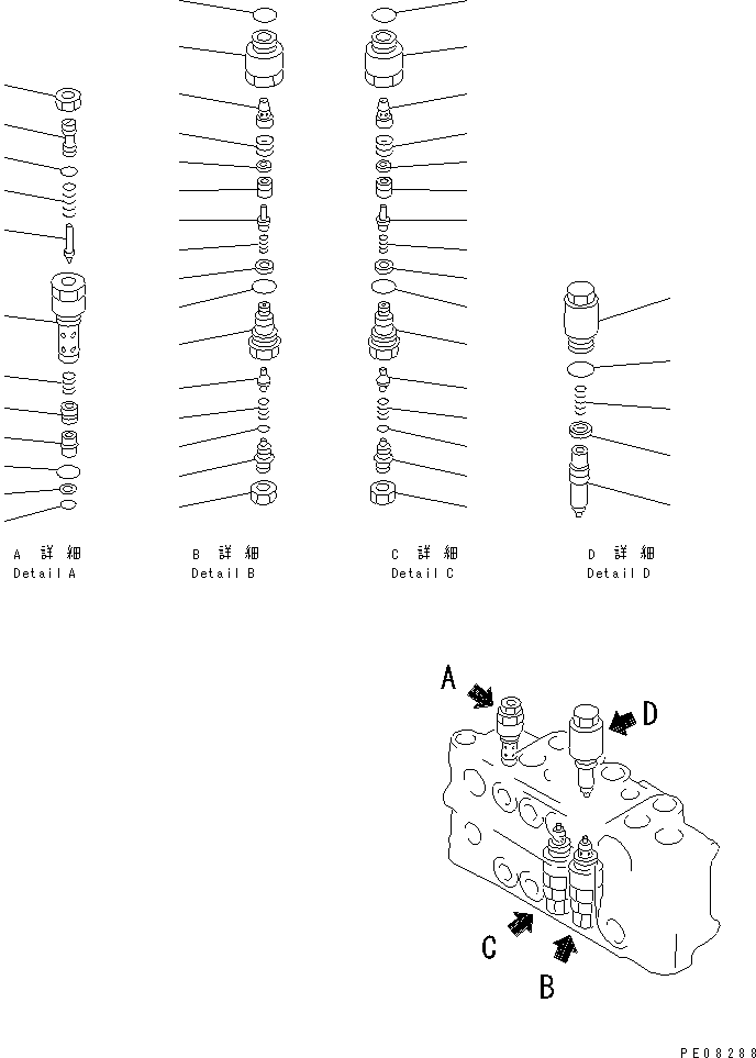 Komatsu parts book diagram for PC150-5 S/N 6001-UP: MAIN VALVE (3/4) (R.H.)