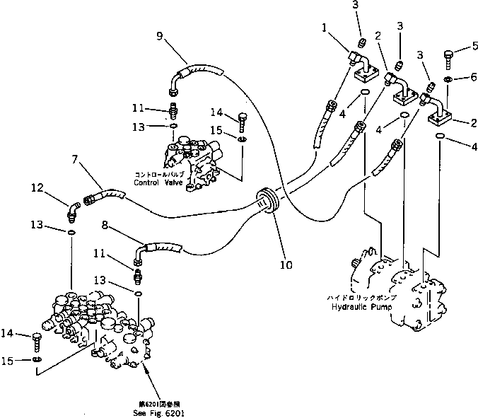 Komatsu parts book diagram for PC15T-2 S/N 2001-UP: HYDRAULIC PIPING (PUMP TO VALVE) (FOR JAPAN) (FOR ASIA)