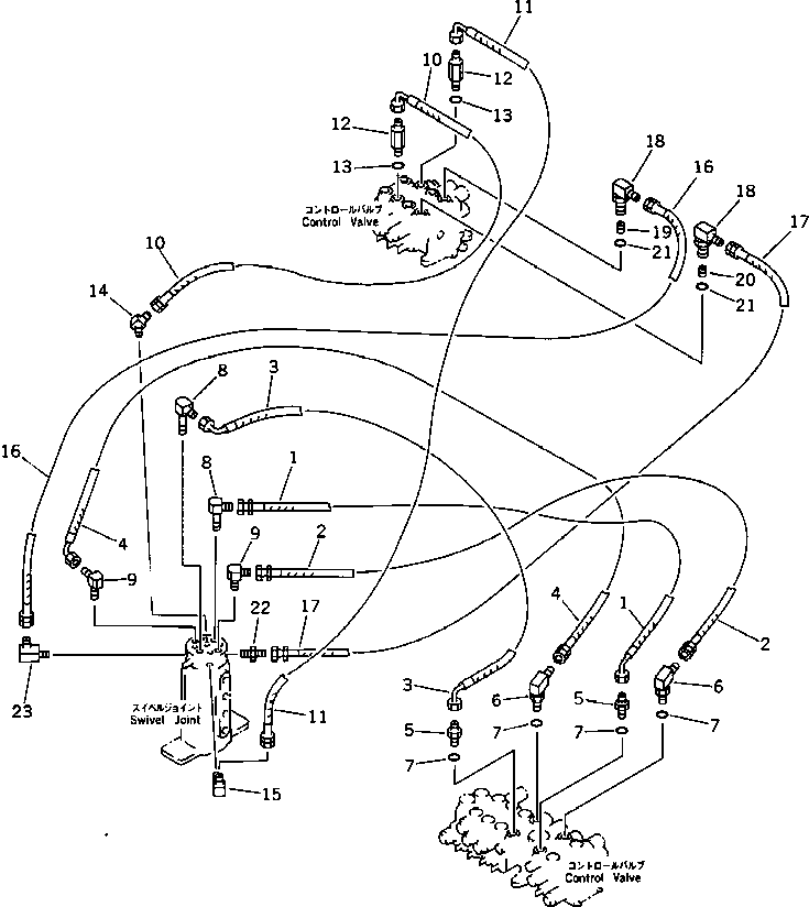 Komatsu parts book diagram for PC15T-2 S/N 2001-UP: HYDRAULIC PIPING (TRAVEL MOTOR ? BLADE CYLINDER LINE) (UPPER)     (FOR TILT BLADE)(#2809-)