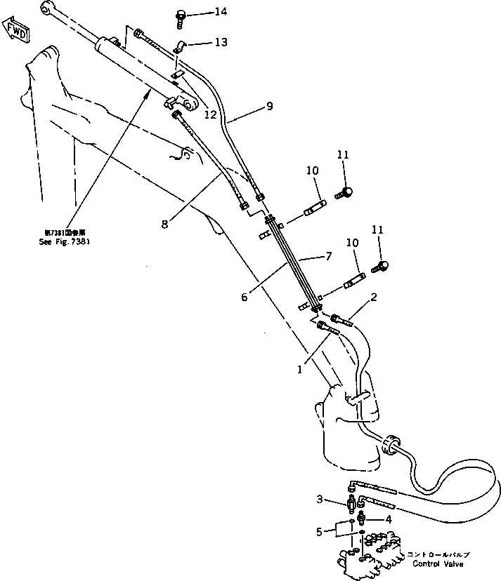 Komatsu parts book diagram for PC15T-2 S/N 2001-UP: HYDRAULIC PIPING (ARM CYLINDER LINE) (FOR JAPAN) (FOR ASIA)