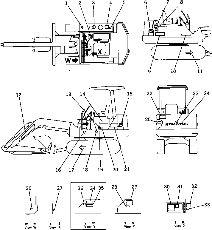 Komatsu parts book diagram for PC15T-2 S/N 2001-UP: MARKS AND PLATES (FOR CANOPY) (JAPANESE)