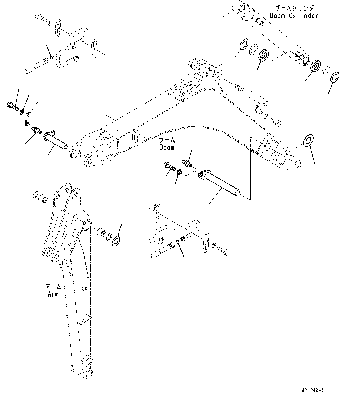 Komatsu parts book diagram for PC18MR-5 S/N F10001 AND UP: BOOM UNIT WITH QUICK COUPLER, PIN, BOOM CYLINDER AND ARM