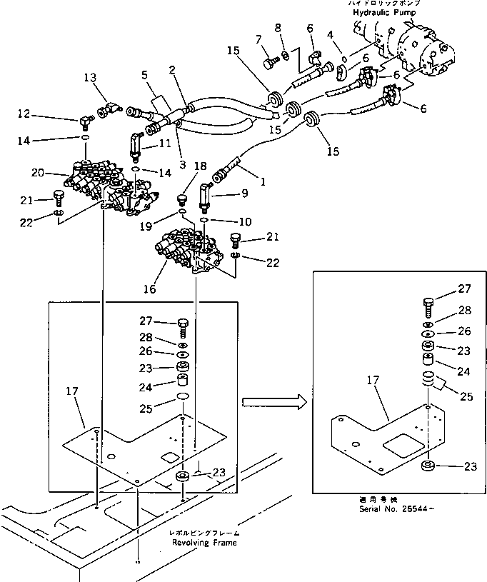 Komatsu parts book diagram for PC20-6 S/N 24001-UP: HYDRAULIC PIPING (PUMP TO VALVE) (FOR ATTACHMENT)