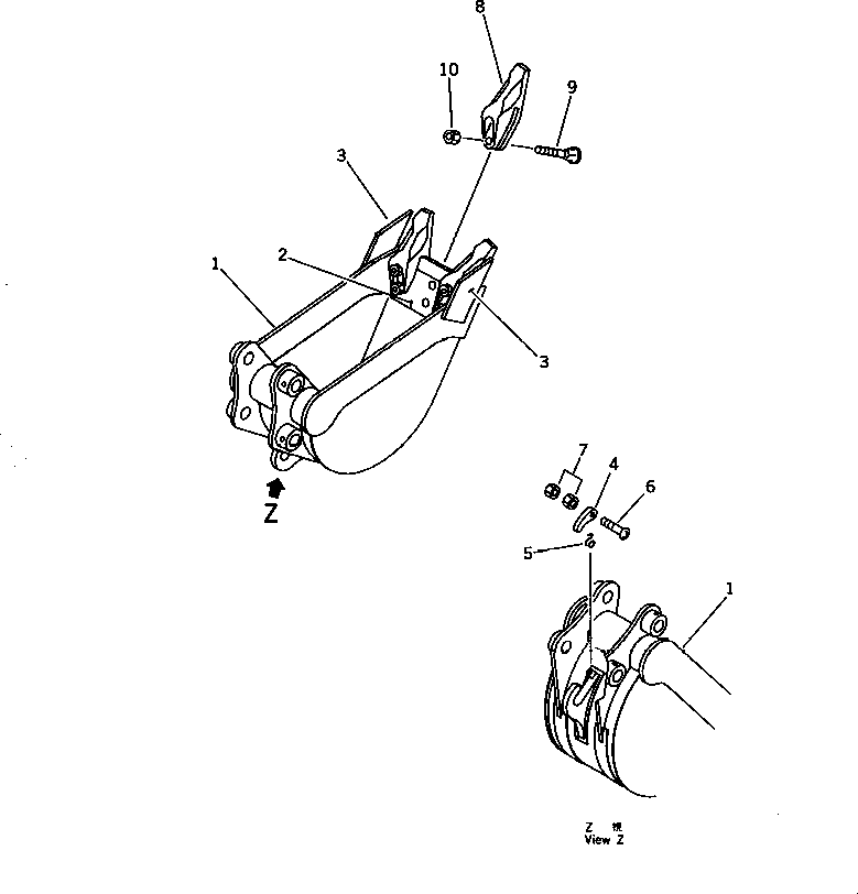 Komatsu parts book diagram for PC20-6 S/N 24001-UP: BUCKET 0.03M3 (MINI 0.06M3) WIDTH 250MM WITH HOOK (EXCEPT JAPAN)