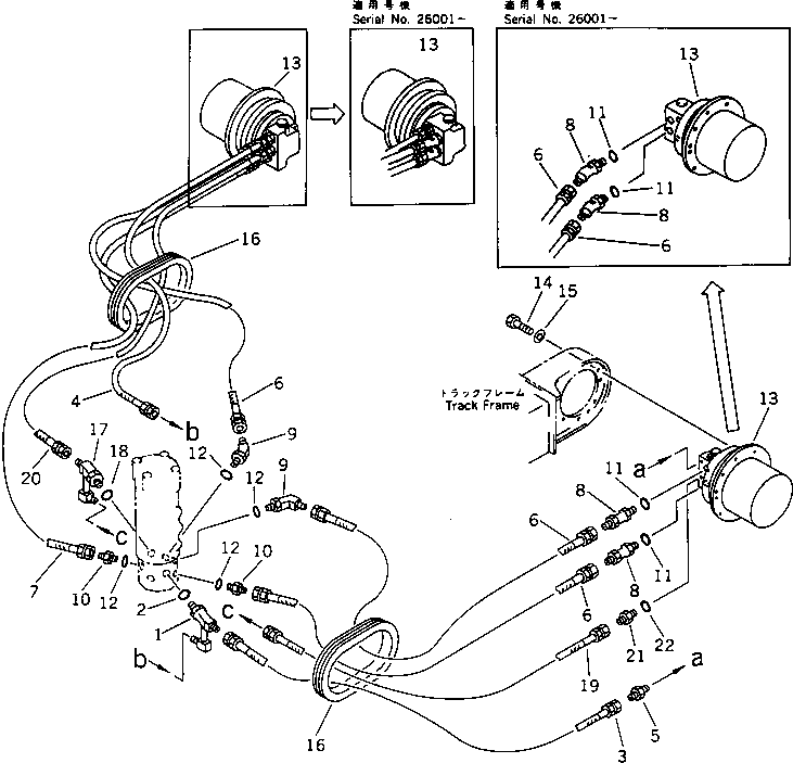 Komatsu parts book diagram for PC20-6 S/N 24001-UP: HYDRAULIC PIPING (SWIVEL JOINT TO/FROM TRAVEL MOTOR)             (FOR 2ND TRAVEL SPEED) (OP)
