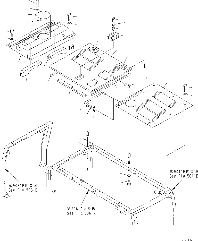 Komatsu parts book diagram for PC200-5 S/N 45001-UP: HOOD (#57469-57492 ?58019-)