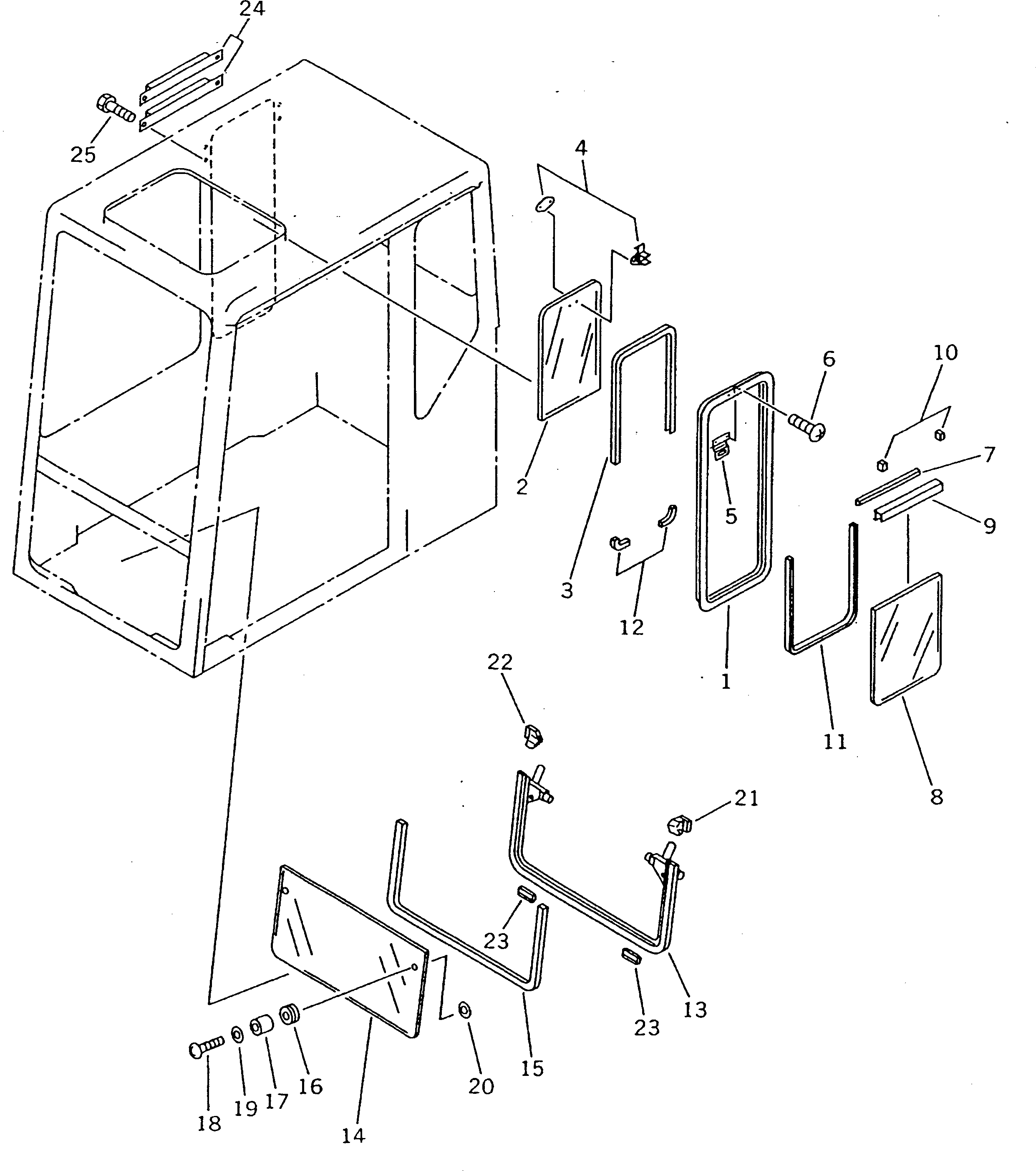 Komatsu parts book diagram for PC200-5 S/N 45001-UP: OPERATOR'S CAB (3/7) (FRONT AND R.H. SIDE WINDOW) (FOR U.S.A. AND CANADA)