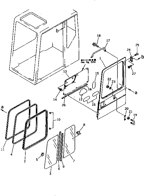 Komatsu parts book diagram for PC200-5 S/N 45001-UP: OPERATOR'S CAB (6/7) (DOOR 1/2) (FOR U.S.A. AND CANADA)