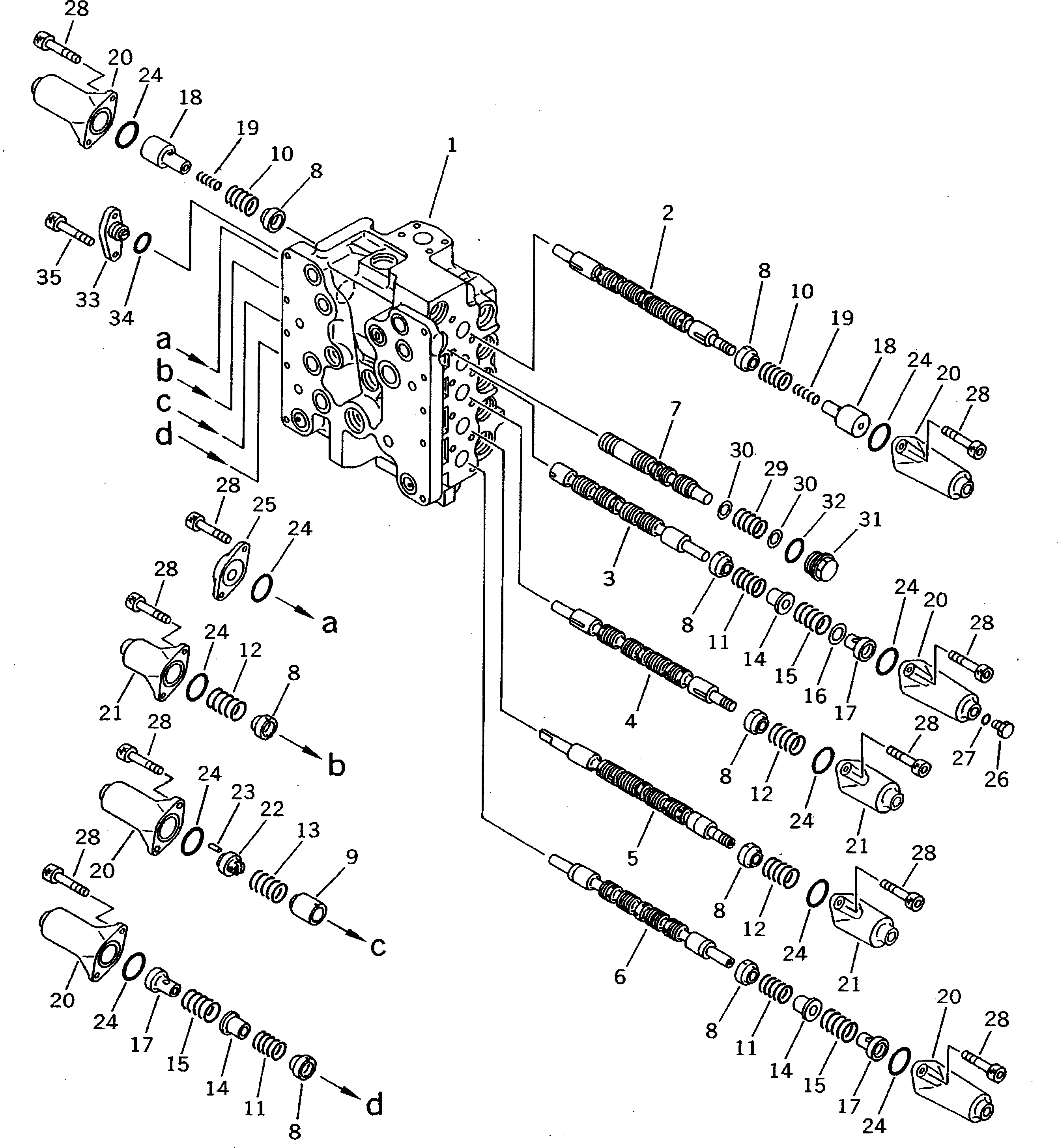 Komatsu parts book diagram for PC200-5 S/N 45001-UP: HYDRAULIC CONTROL VALVE (2/7) (FOR 2 VALVES)