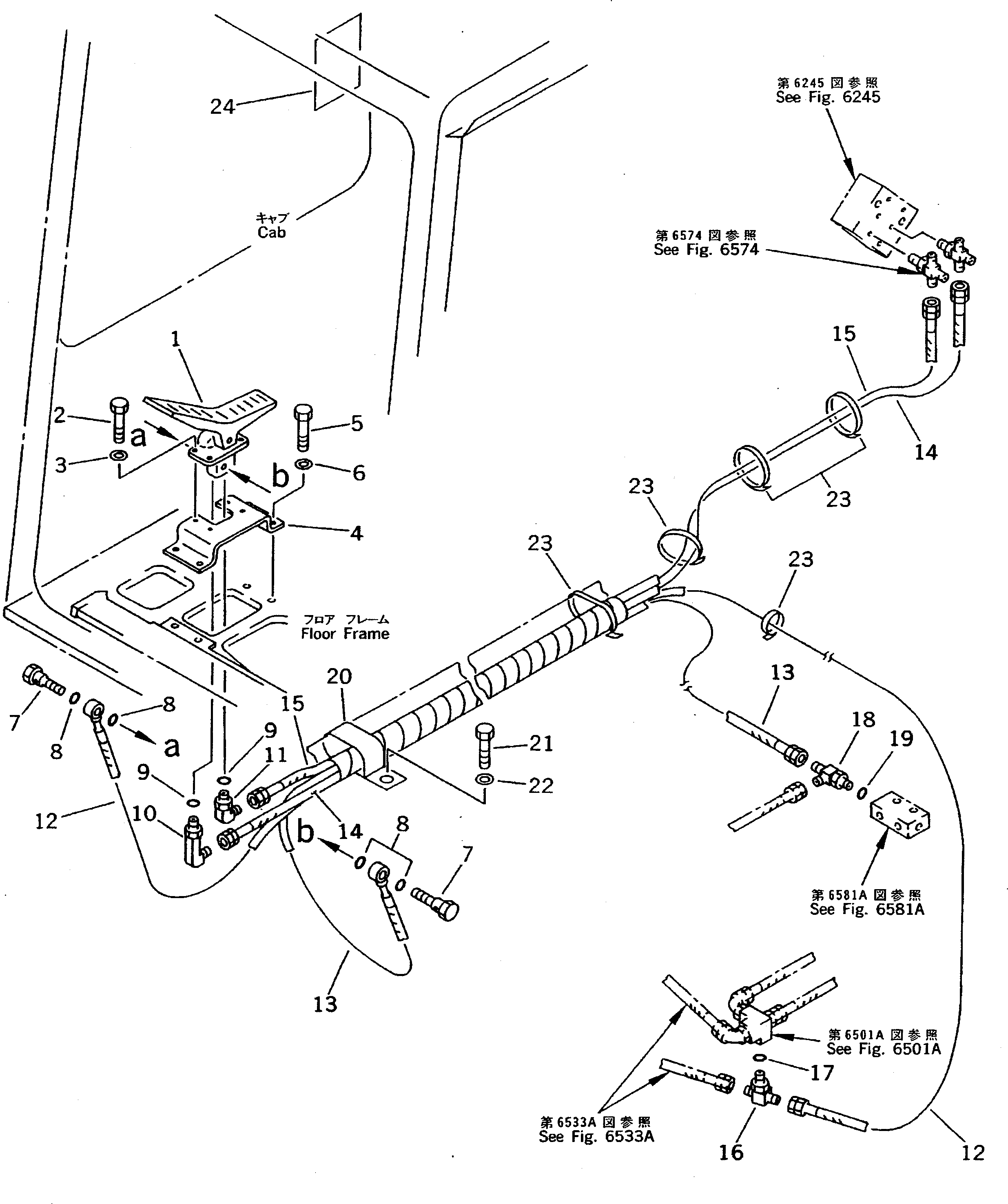 Komatsu parts book diagram for PC200-5 S/N 45001-UP: PILOT PIPING (PEDAL TO SHUTTLE V.) (FOR ADD. PIPING) (#57469-57492 ?58019-)