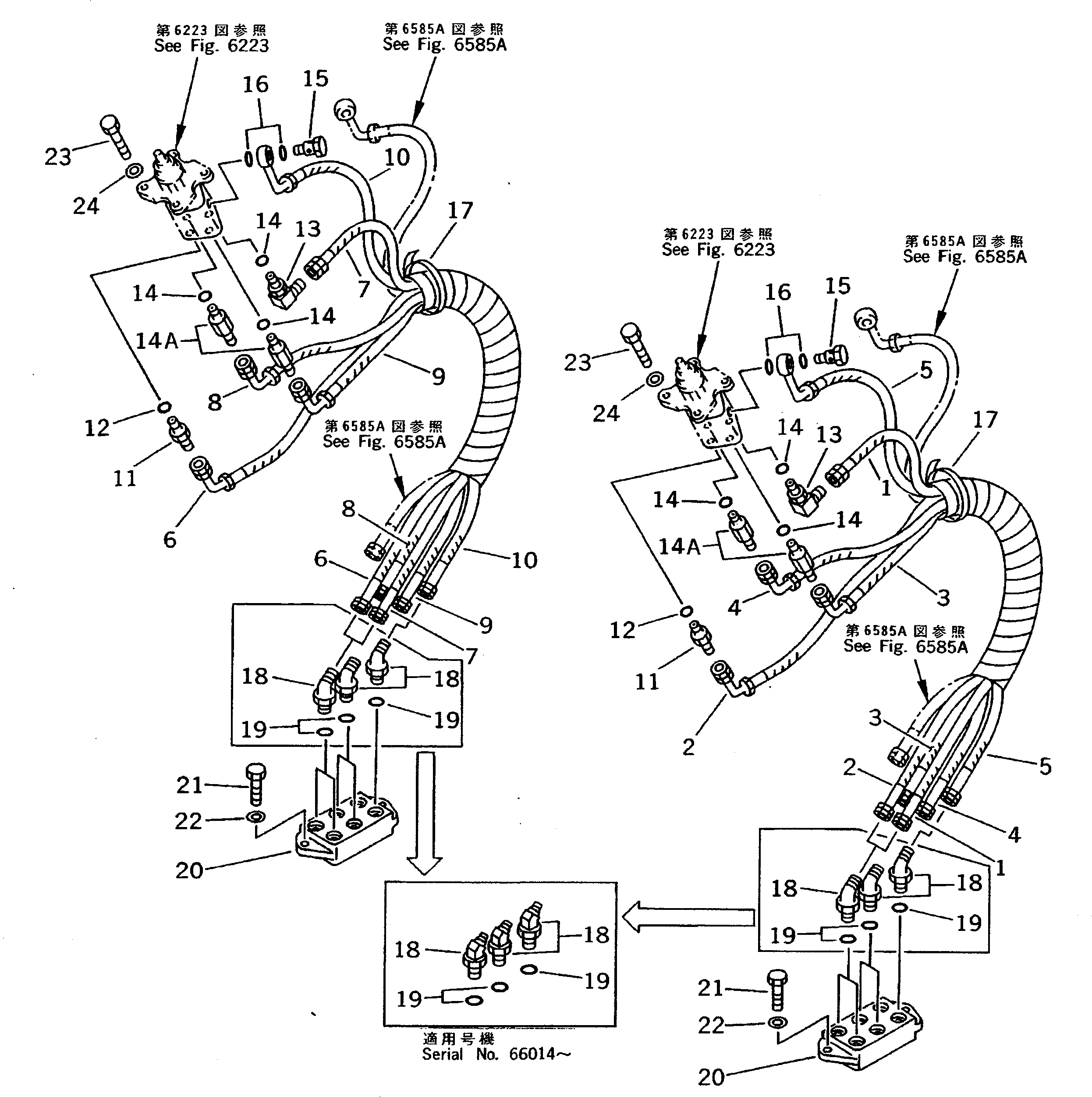 Komatsu parts book diagram for PC200-5 S/N 45001-UP: PPC VALVE PIPING (PPC VALVE TO BLOCK) (WRIST CONTROL) (#57469-57492 ?58019-)