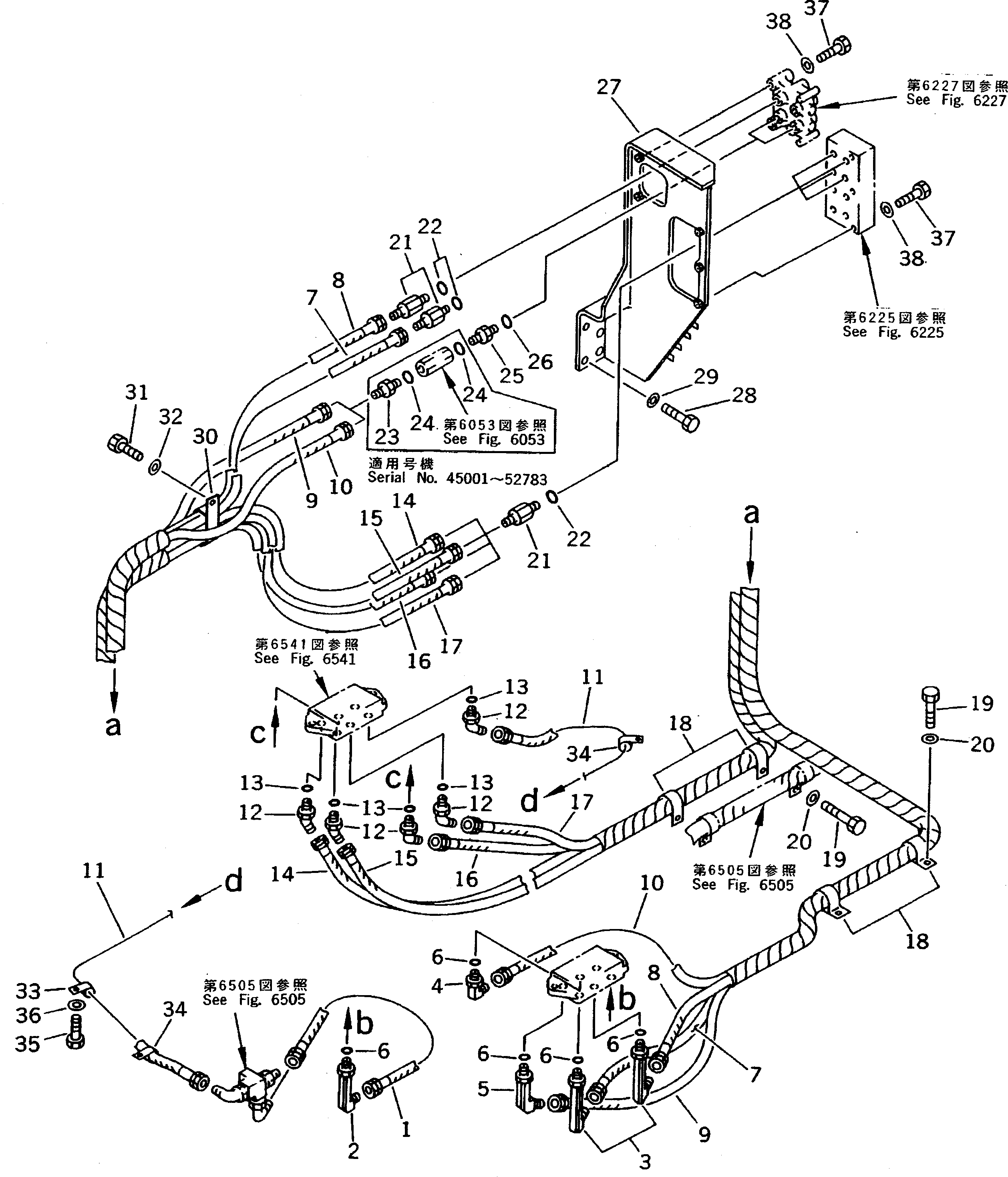 Komatsu parts book diagram for PC200-5 S/N 45001-UP: PPC V. PIPING (BLOCK TO SHUTTLE V.) (WRIST CON.) (W/O LINE FILTER) (#45001-57468 ?57493-58018)