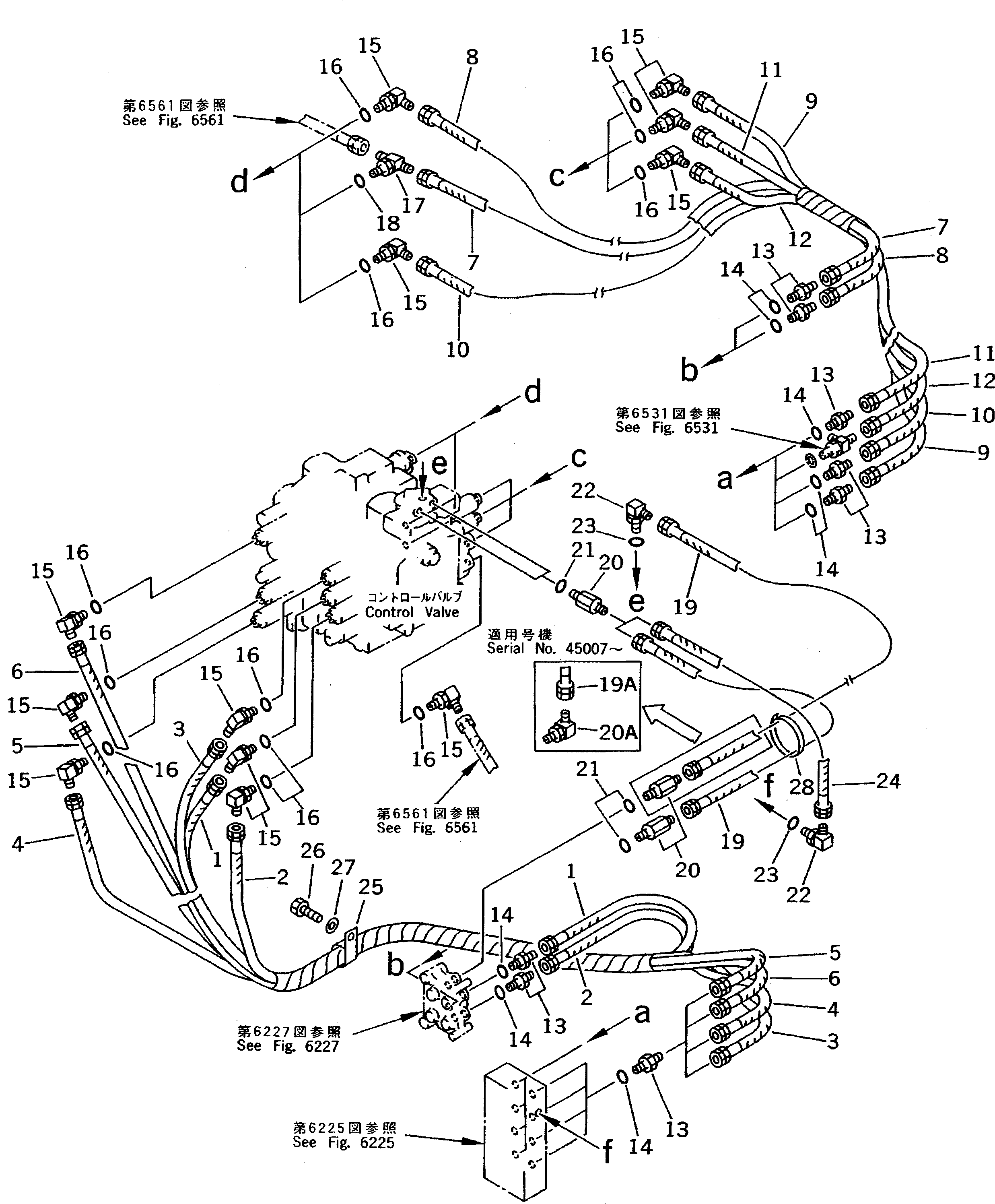 Komatsu parts book diagram for PC200-5 S/N 45001-UP: P.P.C. VALVE PIPING (SHUTTLE VALVE TO CONTROL VALVE)(#45001-52783)