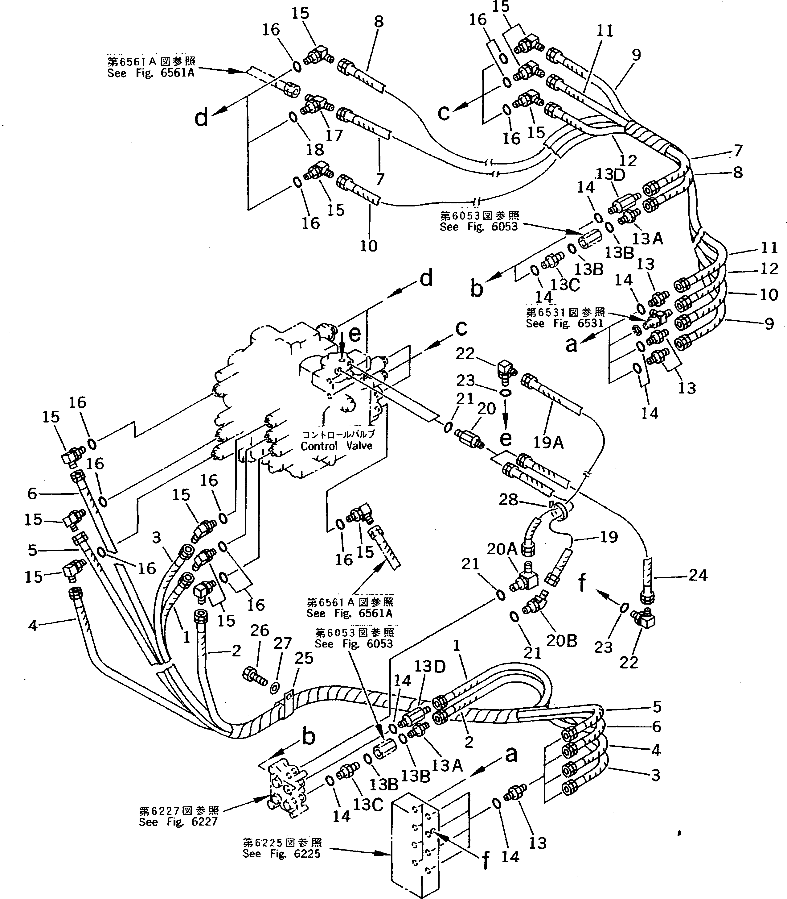 Komatsu parts book diagram for PC200-5 S/N 45001-UP: P.P.C. VALVE PIPING (SHUTTLE VALVE TO CONTROL VALVE) (#52784-57468 ?57493-58018)