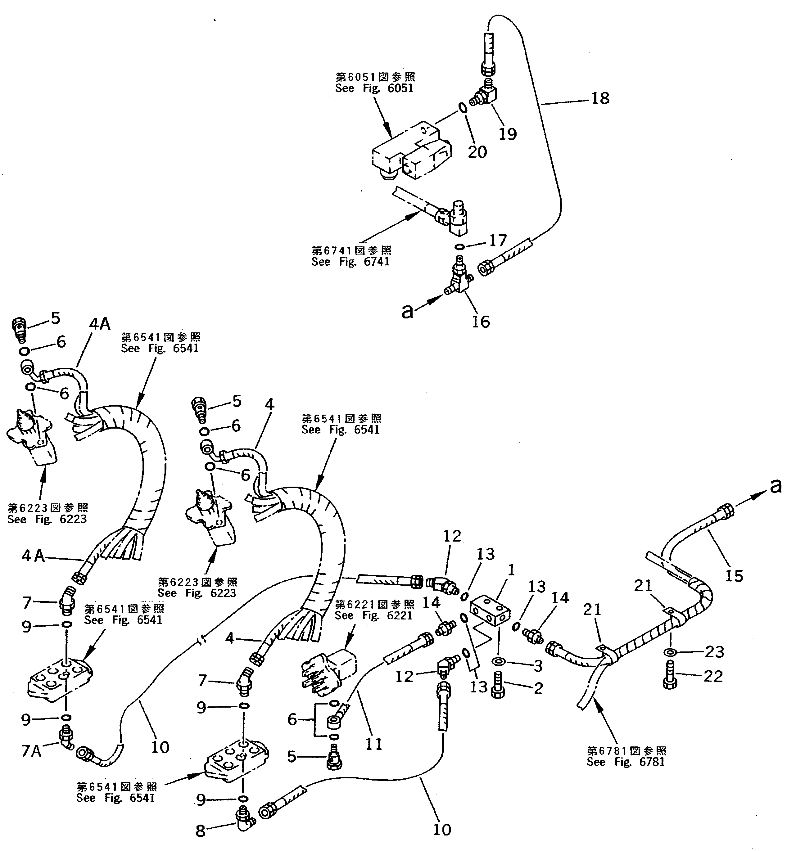Komatsu parts book diagram for PC200-5 S/N 45001-UP: P.P.C. VALVE RETURN PIPING (FOR WRIST CONTROL) (#45001-57468 ?57493-58018)