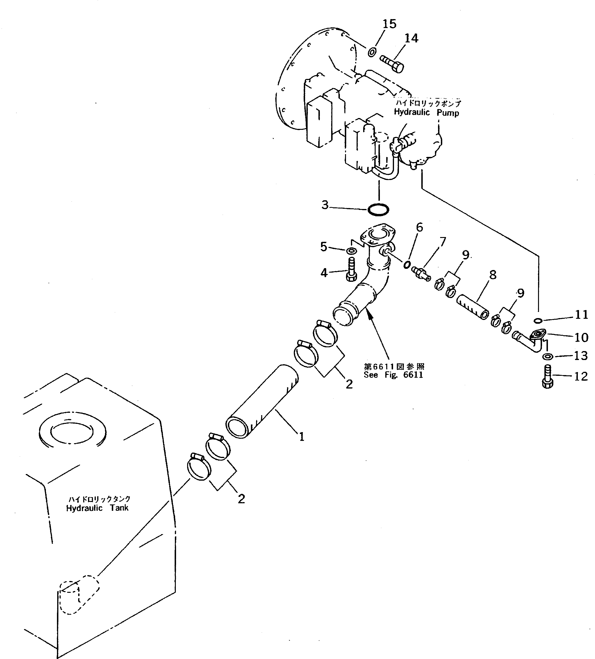 Komatsu parts book diagram for PC200-5 S/N 45001-UP: TANK TO PUMP PIPING (COLD WEATHER B SPEC.)