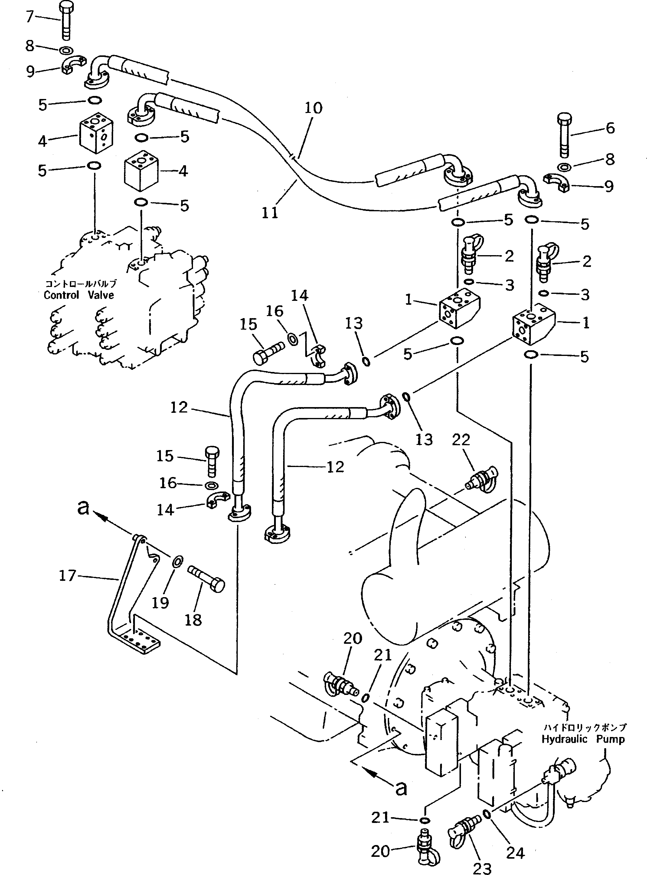 Komatsu parts book diagram for PC200-5 S/N 45001-UP: PUMP TO CONTROL VALVE PIPING (WITH PRESSURE CHECK NIPPLE)(#58019-)