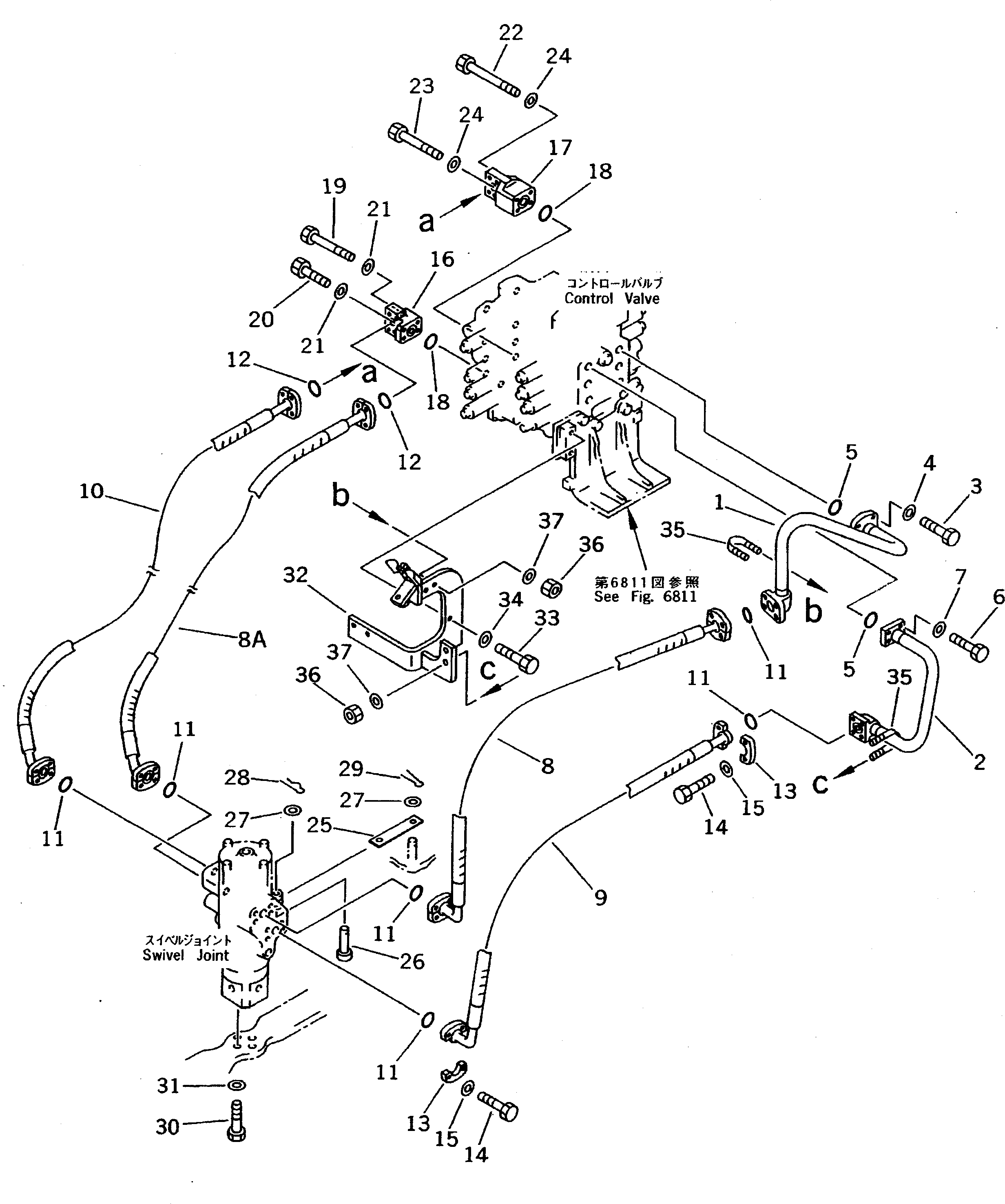 Komatsu parts book diagram for PC200-5 S/N 45001-UP: CONTROL VALVE TO SWIVEL JOINT PIPING (WITH LINE FILTER)