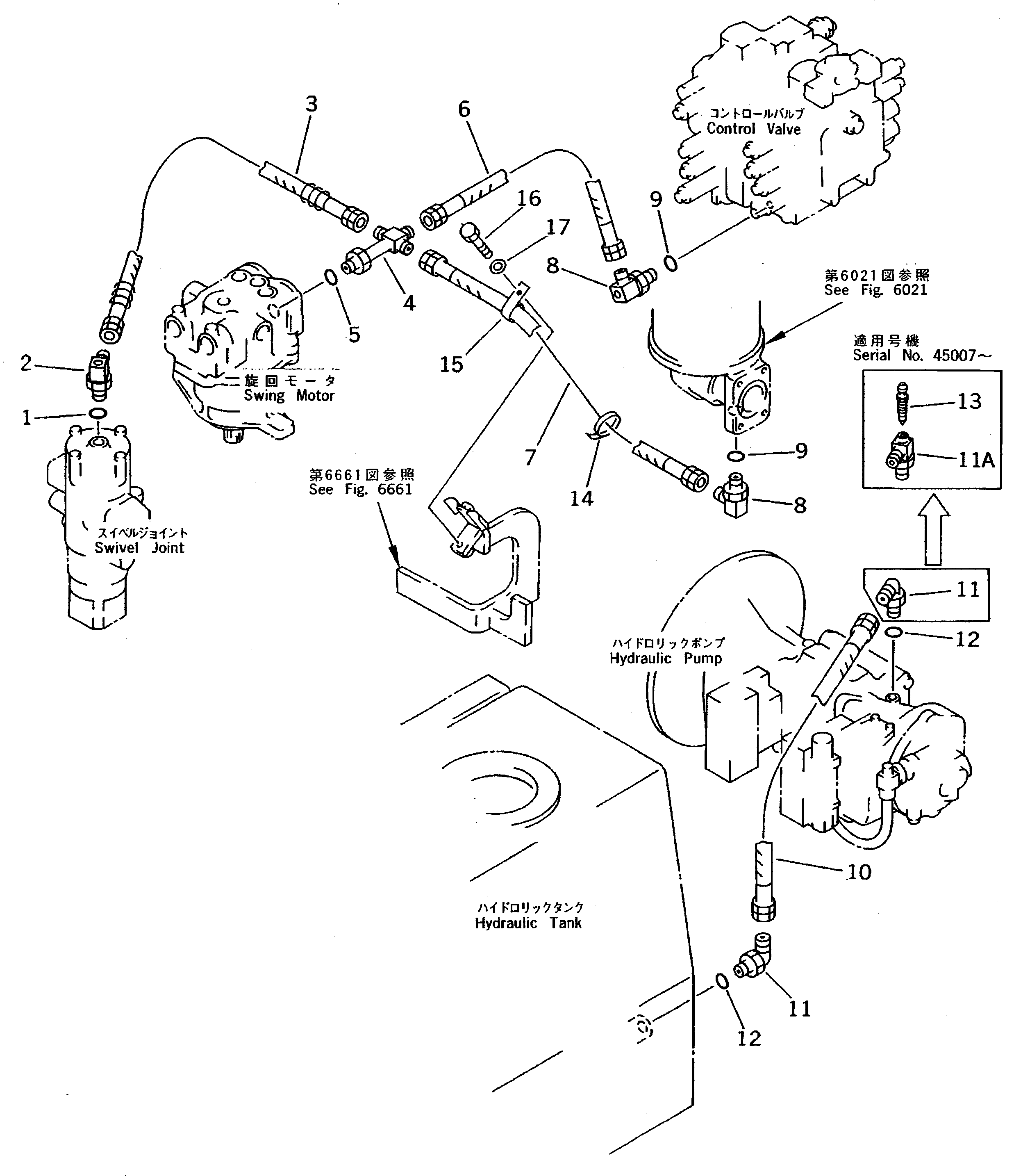 Komatsu parts book diagram for PC200-5 S/N 45001-UP: DRAIN PIPING (#45001-57468 ?57493-58018)