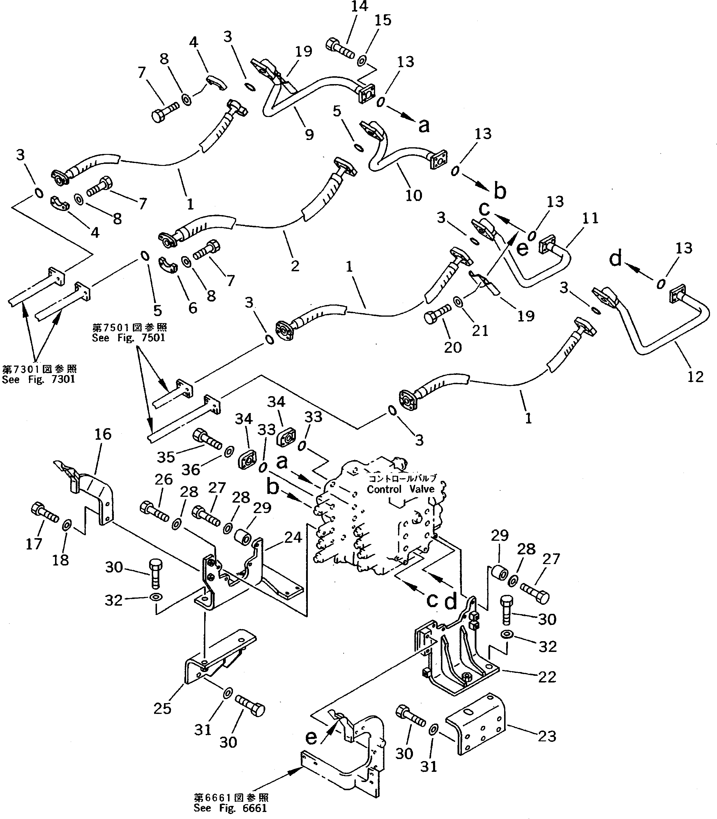 Komatsu parts book diagram for PC200-5 S/N 45001-UP: ARM AND BUCKET CYLINDER PIPING (CHASSIS SIDE)