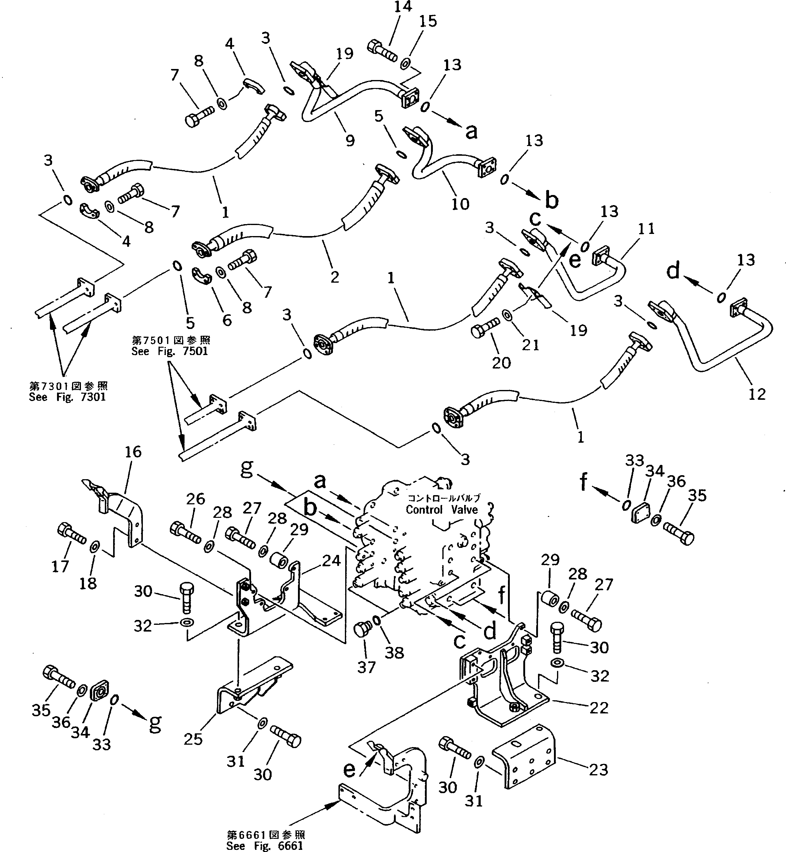 Komatsu parts book diagram for PC200-5 S/N 45001-UP: ARM AND BUCKET CYLINDER PIPING (CHASSIS SIDE) (FOR 2 VALVES)