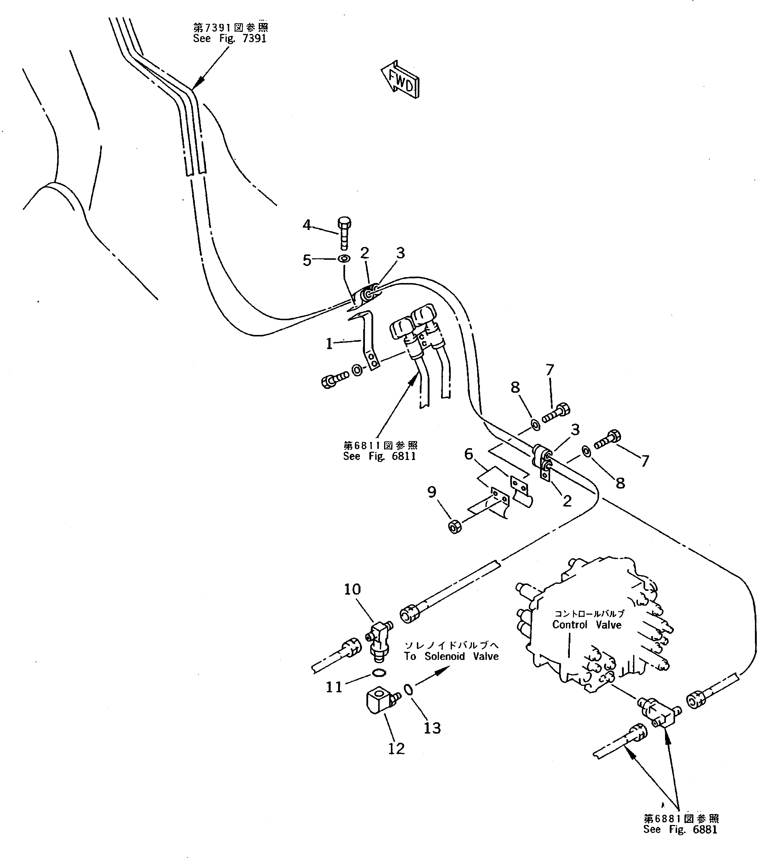 Komatsu parts book diagram for PC200-5 S/N 45001-UP: ARM CYLINDER LOCK VALVE PIPING (CHASSIS SIDE) (REXROTH)(#45001-61957)