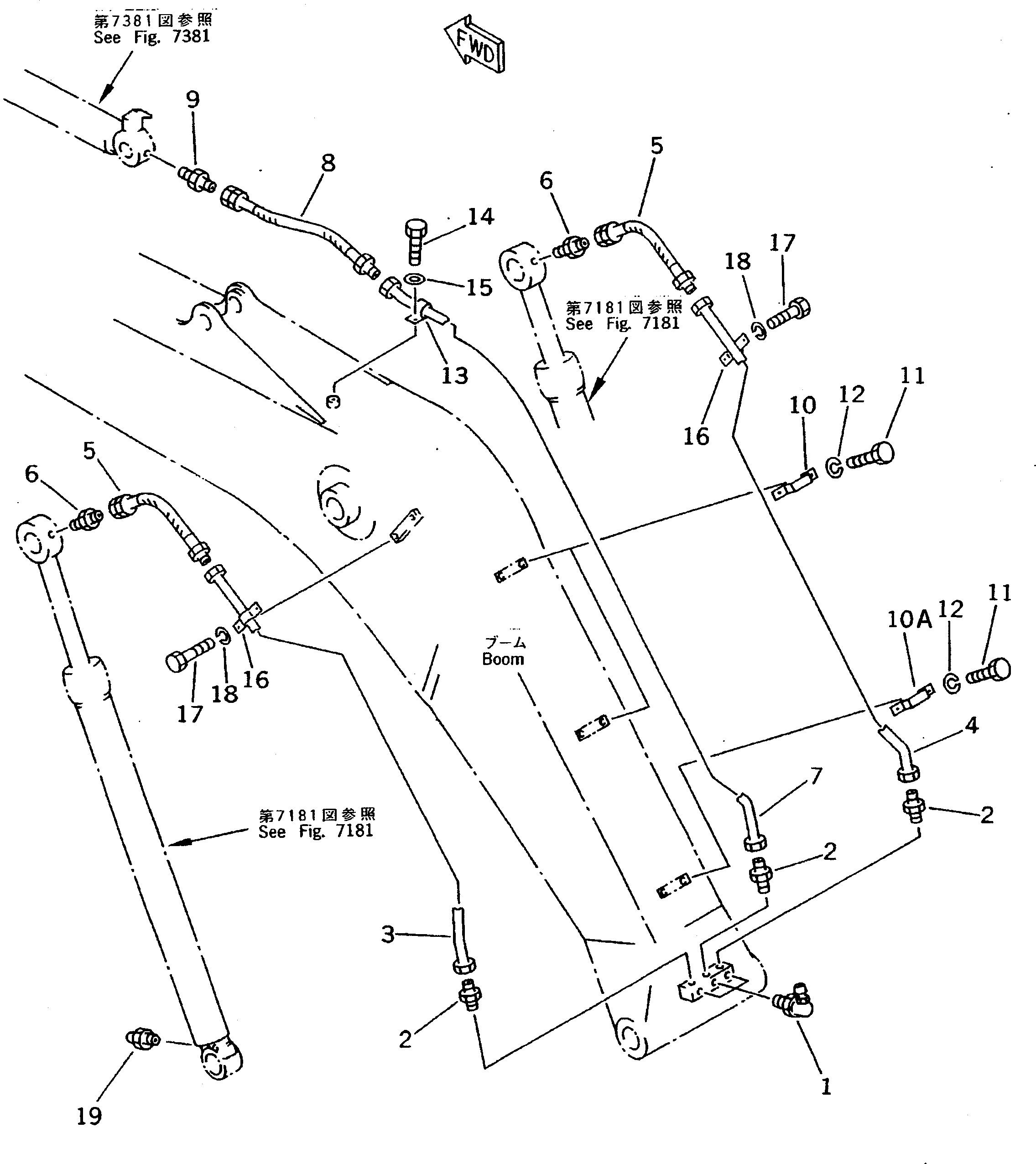 Komatsu parts book diagram for PC200-5 S/N 45001-UP: WORK EQUIPMENT LUBRICATION PIPING (BOOM SIDE) (#52795-57468 ?57493-58018)