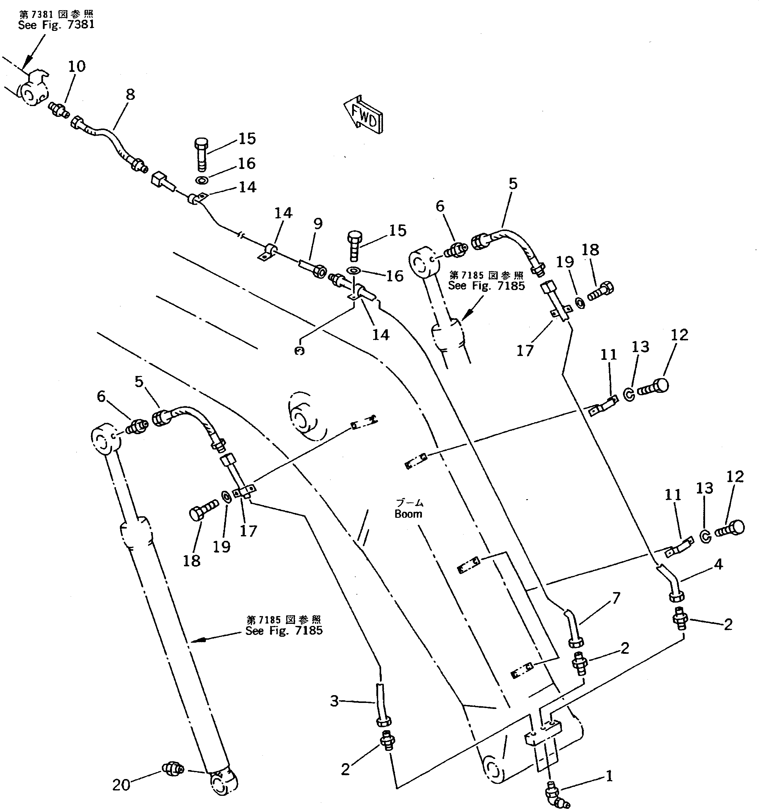 Komatsu parts book diagram for PC200-5 S/N 45001-UP: WORK EQUIPMENT LUBRICATION PIPING (BOOM SIDE) (FOR 50 FEET LONG FRONT)