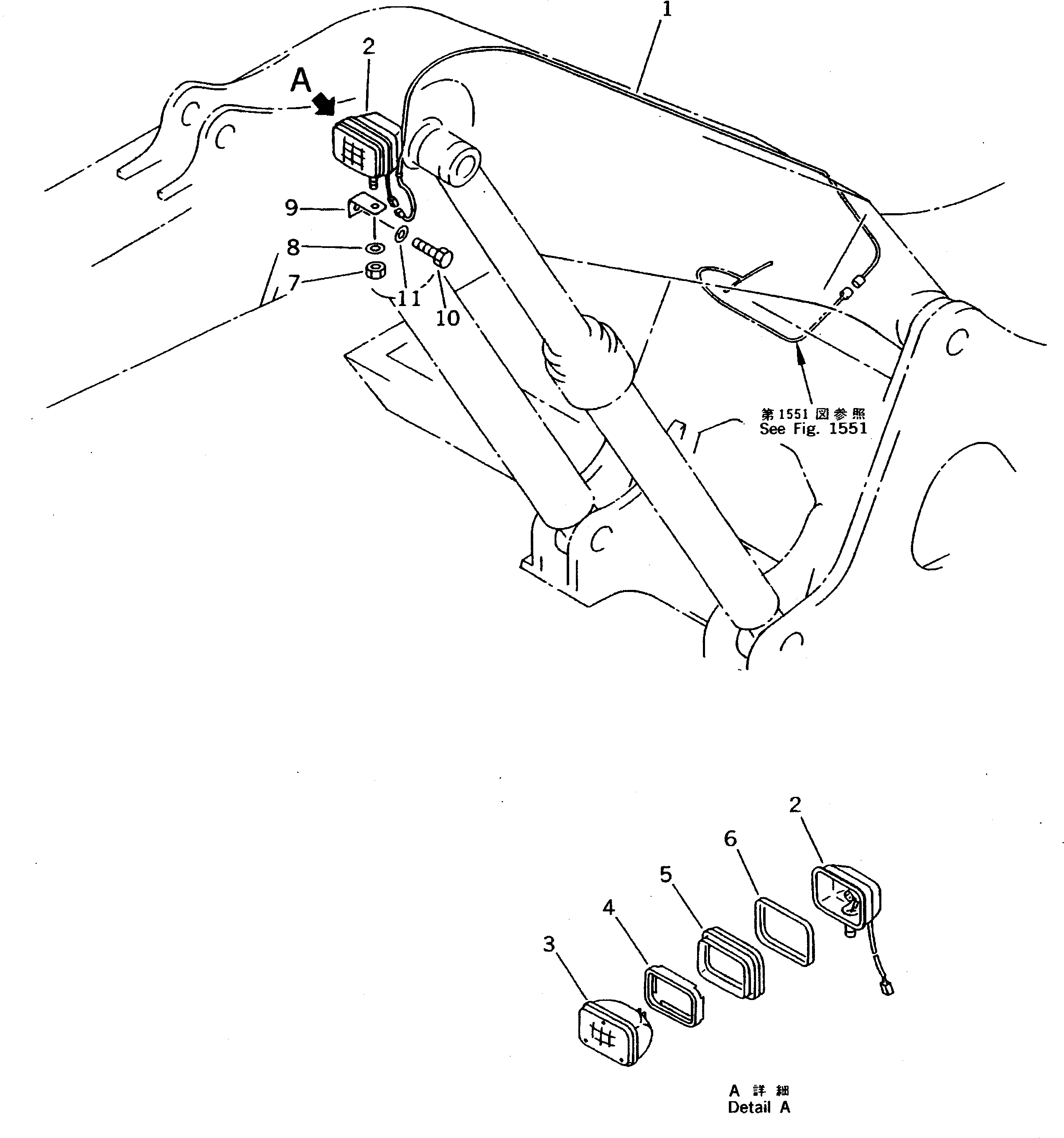 Komatsu parts book diagram for PC200-5 S/N 45001-UP: WORKING LAMP (BOOM SIDE) (#57469-57492 ?58019-)