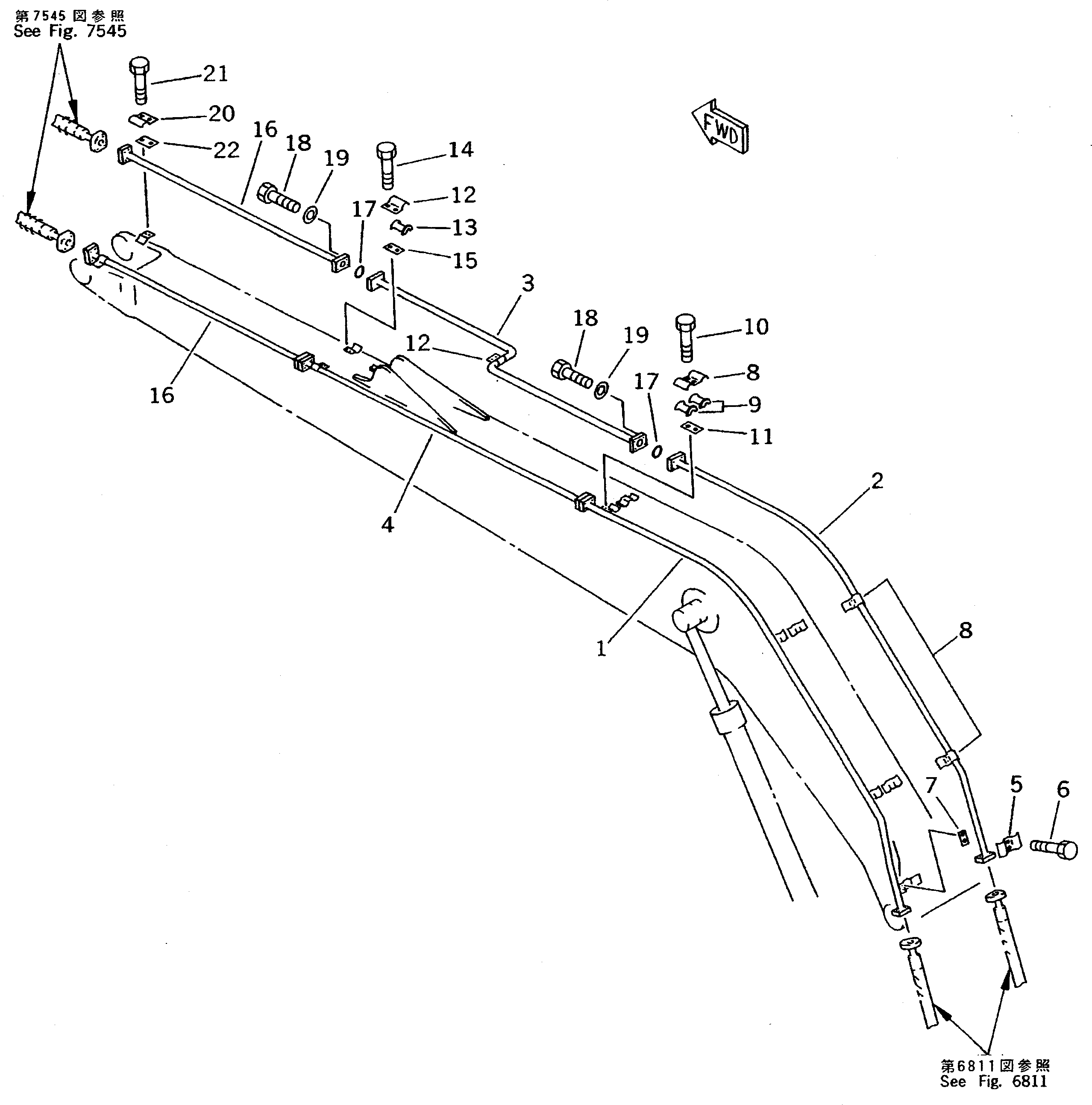 Komatsu parts book diagram for PC200-5 S/N 45001-UP: BUCKET CYLINDER PIPING (ATTACHMENT SIDE) (BOOM) (FOR 50 FEET LONG FRONT)