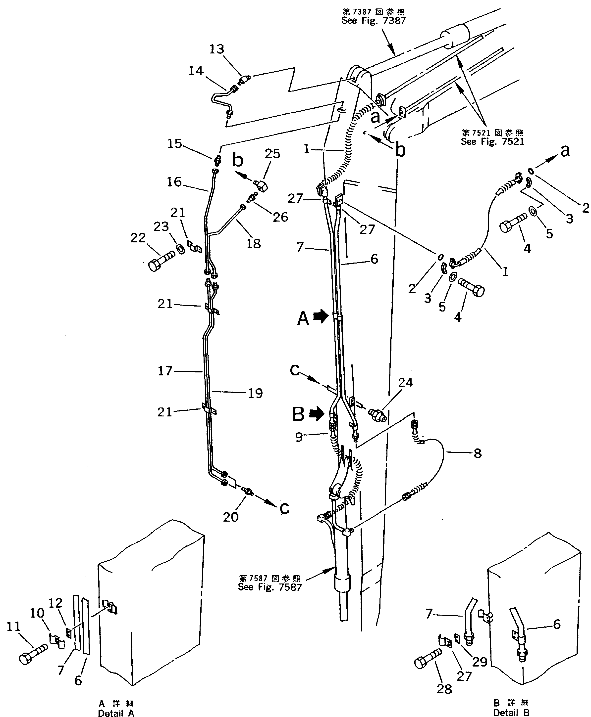 Komatsu parts book diagram for PC200-5 S/N 45001-UP: BUCKET CYLINDER PIPING (ATTACHMENT SIDE) (ARM) (FOR 50 FEET LONG FRONT)
