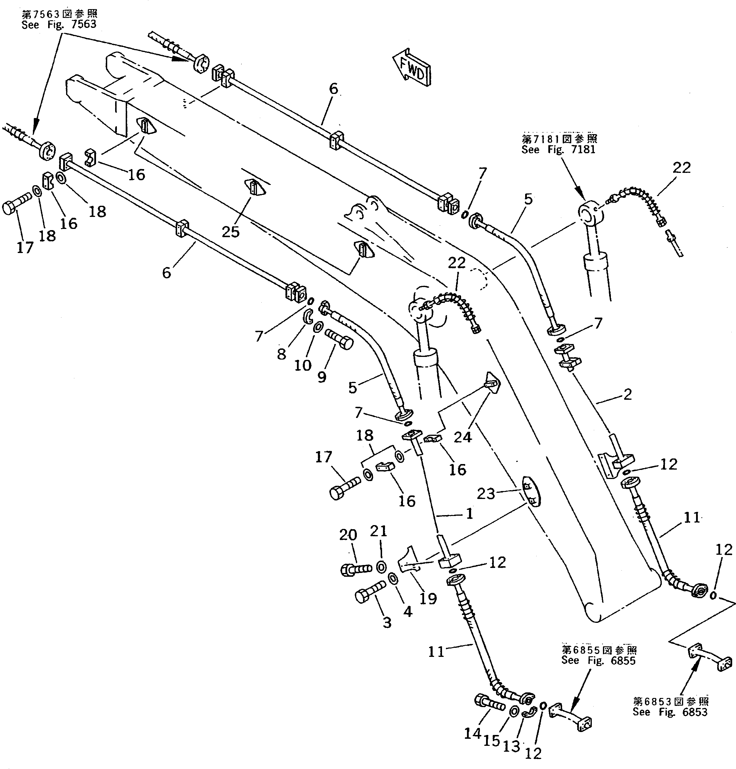 Komatsu parts book diagram for PC200-5 S/N 45001-UP: ADDITIONAL PIPING (ATTACHMENT SIDE) (BOOM) (#57469-57492 ?58019-)