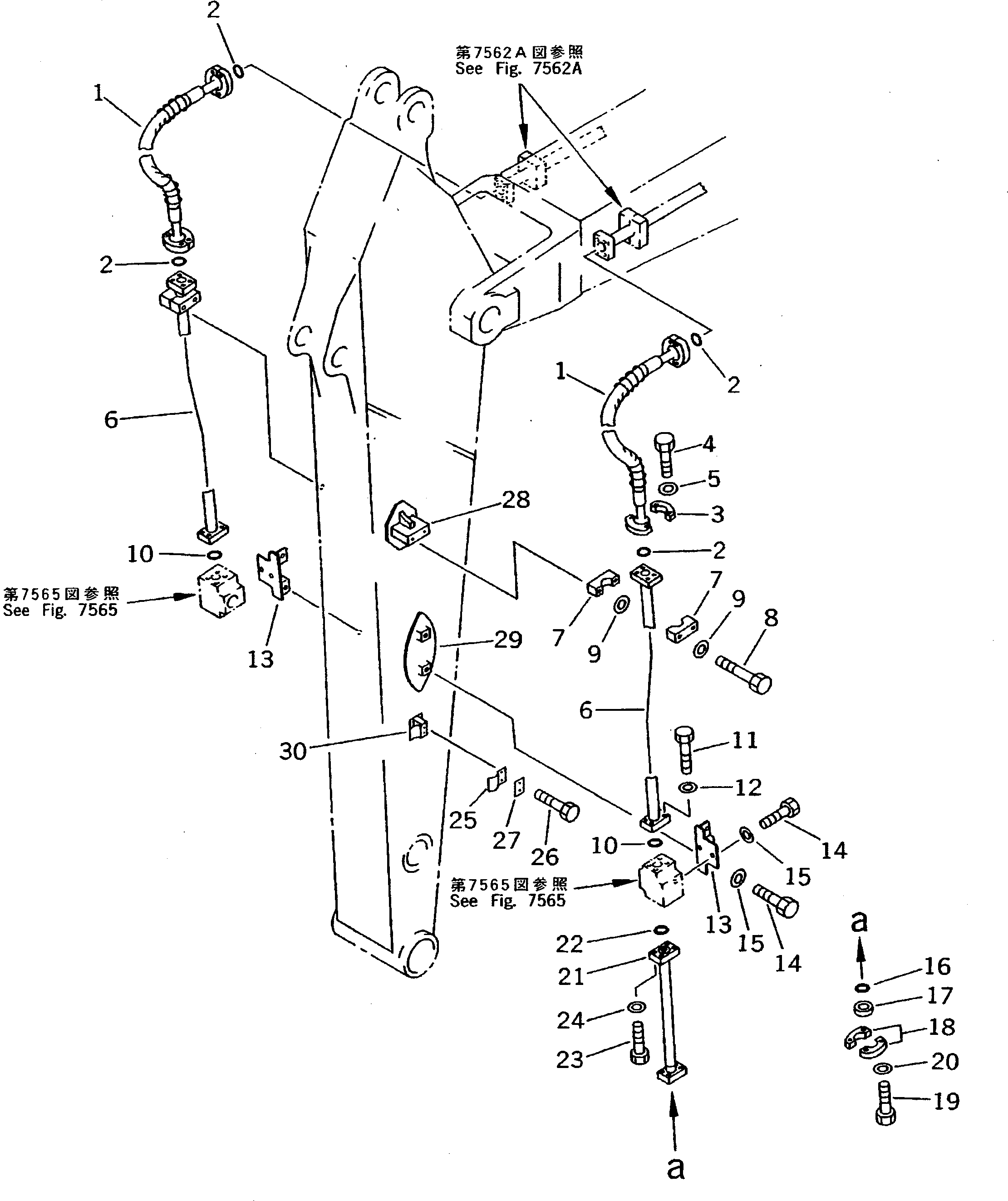 Komatsu parts book diagram for PC200-5 S/N 45001-UP: ADDITIONAL PIPING (ATTACHMENT SIDE) (2.4M ARM)(#58019-)