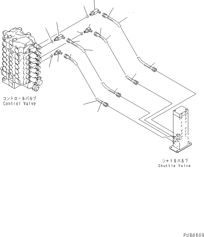 Komatsu parts book diagram for PC200EL-6K S/N K30001-UP: SHUTTLE VALVE LINE (TRAVEL PIPING)