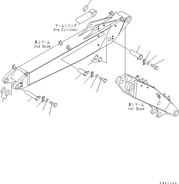 Komatsu parts book diagram for PC200EL-6K S/N K30001-UP: SECOND BOOM (PIN) (FOR 2-PIECE BOOM)