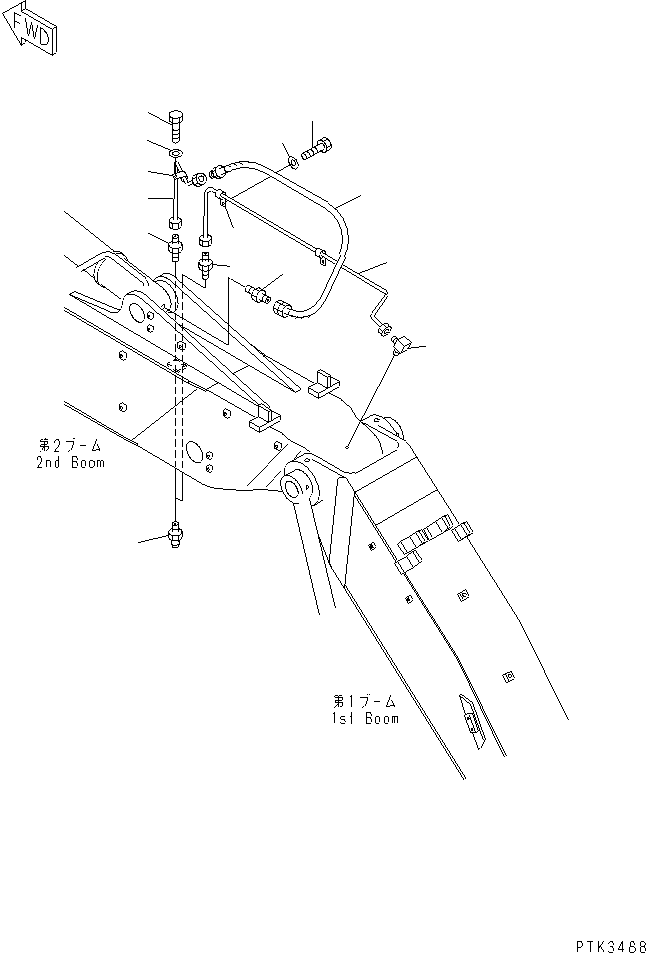Komatsu parts book diagram for PC200EL-6K S/N K30001-UP: SECOND BOOM LUBRICATING LINE-(FOR 2-PIECE BOOM)
