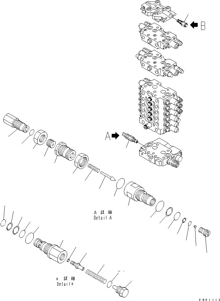 Komatsu parts book diagram for PC200EL-6K S/N K30001-UP: MAIN VALVE (6/12) (2-ACTUATOR) (FOR 2-PIECE BOOM)