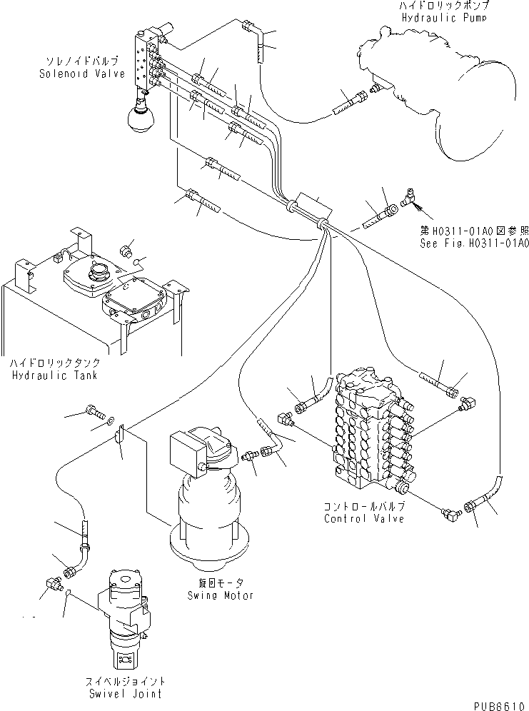 Komatsu parts book diagram for PC200EN-6K S/N K30001-UP: SHUTTLE VALVE LINE (SOLENOID VALVE PIPING)(#K30052-)