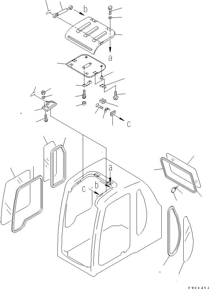 Komatsu parts book diagram for PC200EN-6K S/N K30001-UP: OPERATOR'S CAB (WINDOW AND ROOF VENTILATOR)(#K30264-K34000)