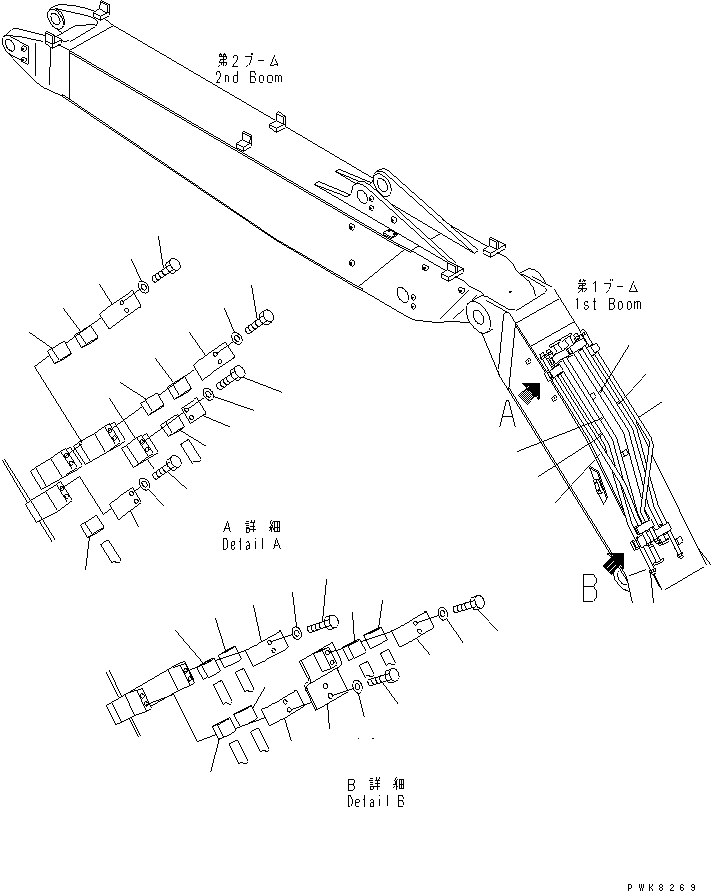 Komatsu parts book diagram for PC200EN-6K S/N K30001-UP: FIRST BOOM PIPING (FOR 2-PIECE BOOM)