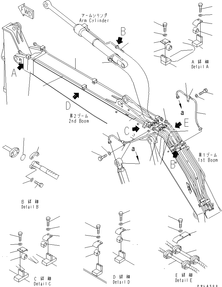 Komatsu parts book diagram for PC200EN-6K S/N K30001-UP: SECOND BOOM PIPING (FOR 2-PIECE BOOM)(#K30001-K32282)