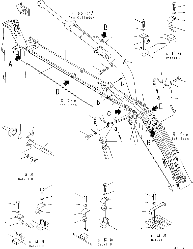 Komatsu parts book diagram for PC200EN-6K S/N K30001-UP: SECOND BOOM PIPING (FOR 2-PIECE BOOM)(#K32283-)